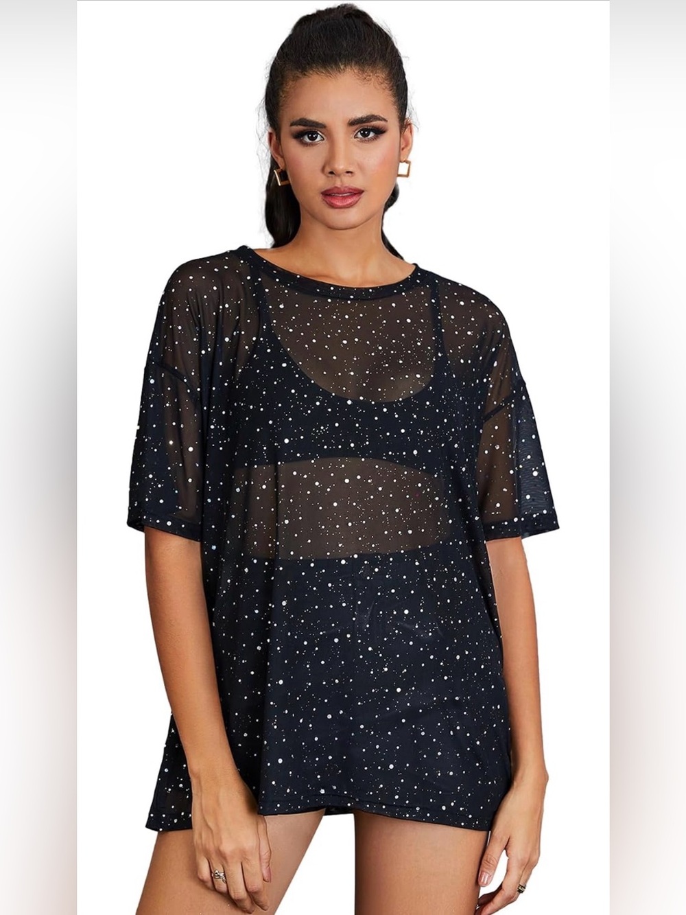 Women's Glitter Sheer See Through Short Sleeve Mesh Top Tee Blouse
